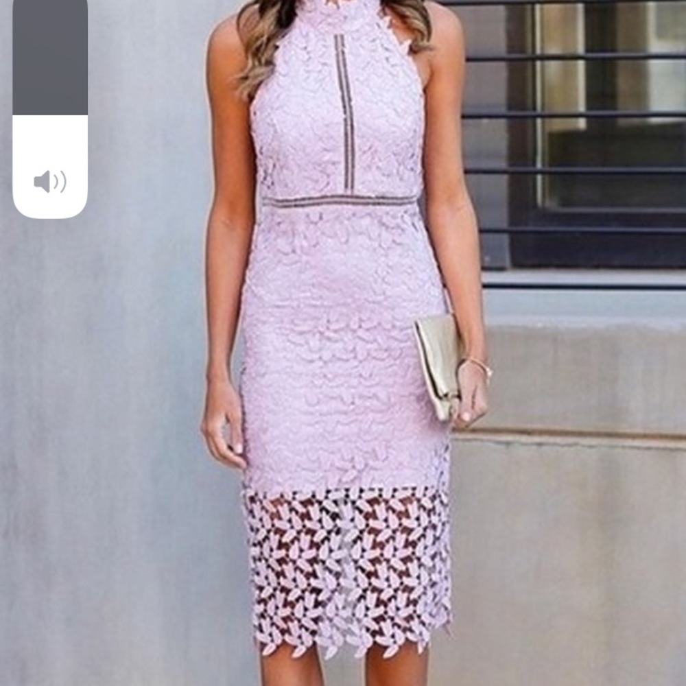 Bardot lilac lace Gemma halter dress